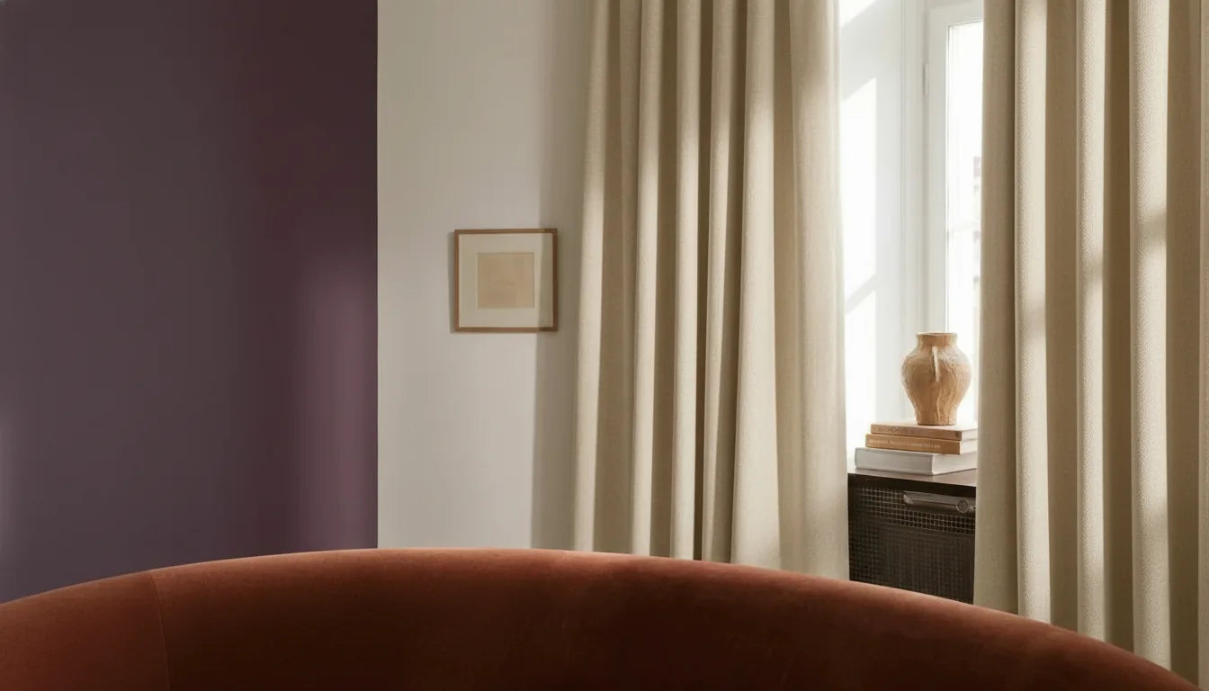 Rideau crème sur mesure devant un mur prune aubergine dans un salon
