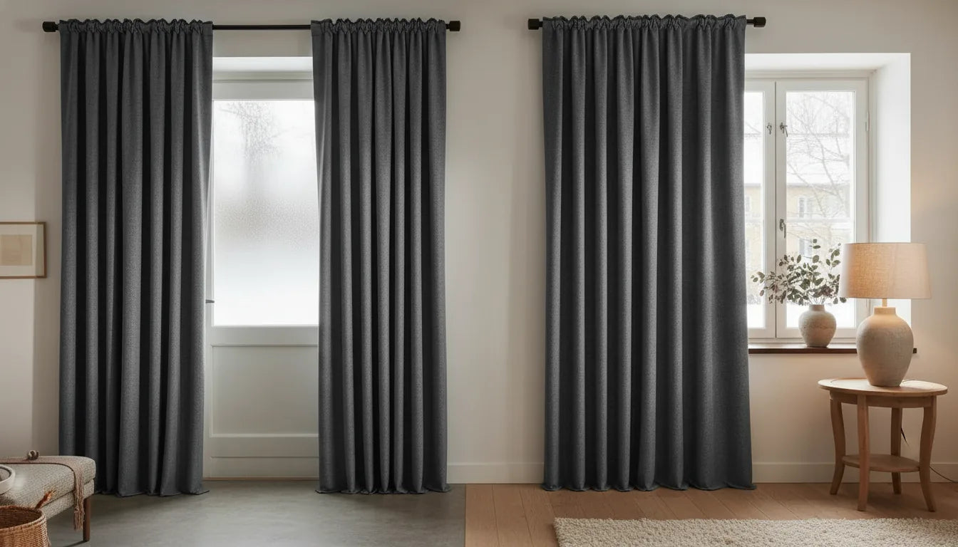 Rideau thermique gris posé devant une porte d'entrée pour stopper le froid