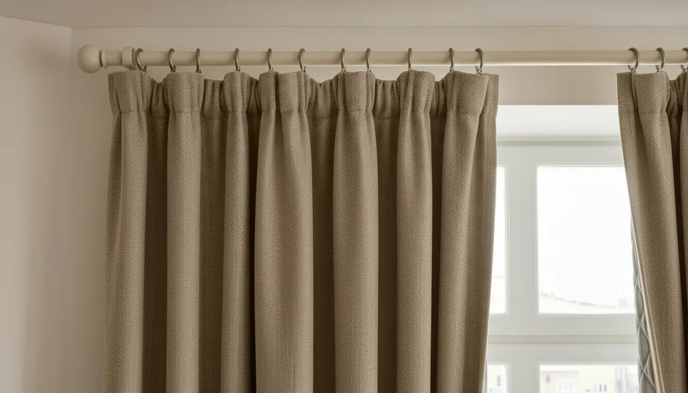 Haut d'un rideau crème à ruflette avec crochets sur une tringle