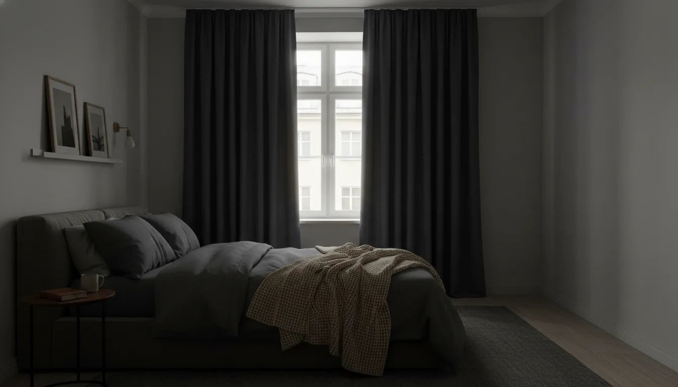 Chambre plongée dans le noir avec rideaux 100% occultants anthracite tirés