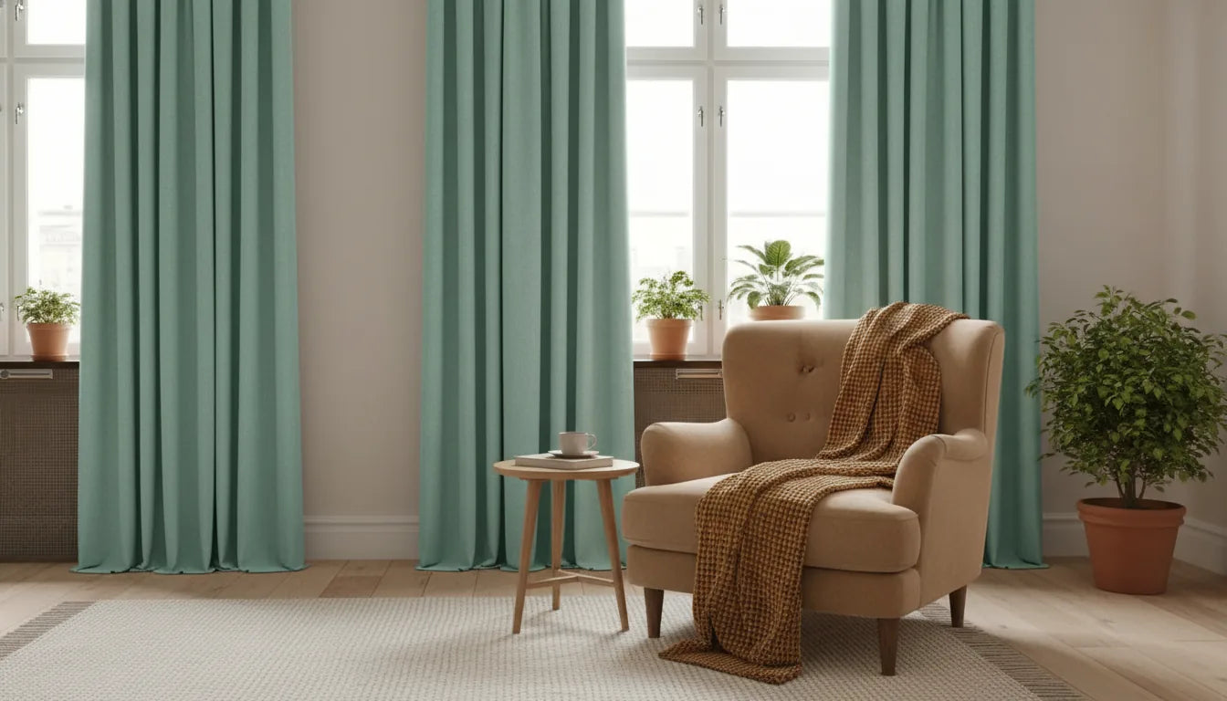 Séjour cosy avec rideaux thermiques vert menthe encadrant une fenêtre, ambiance isolation
