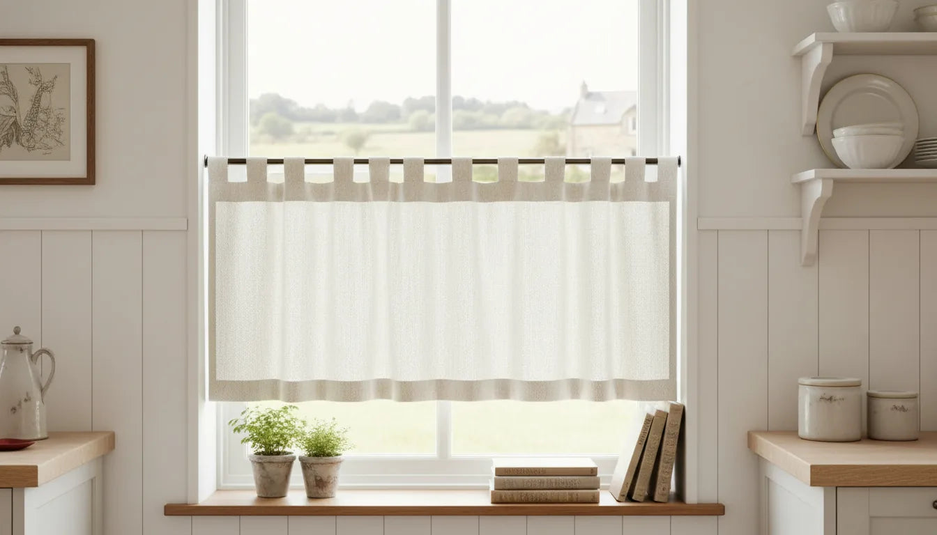 Fenêtre de cuisine avec un rideau brise-bise blanc cassé à mi-hauteur