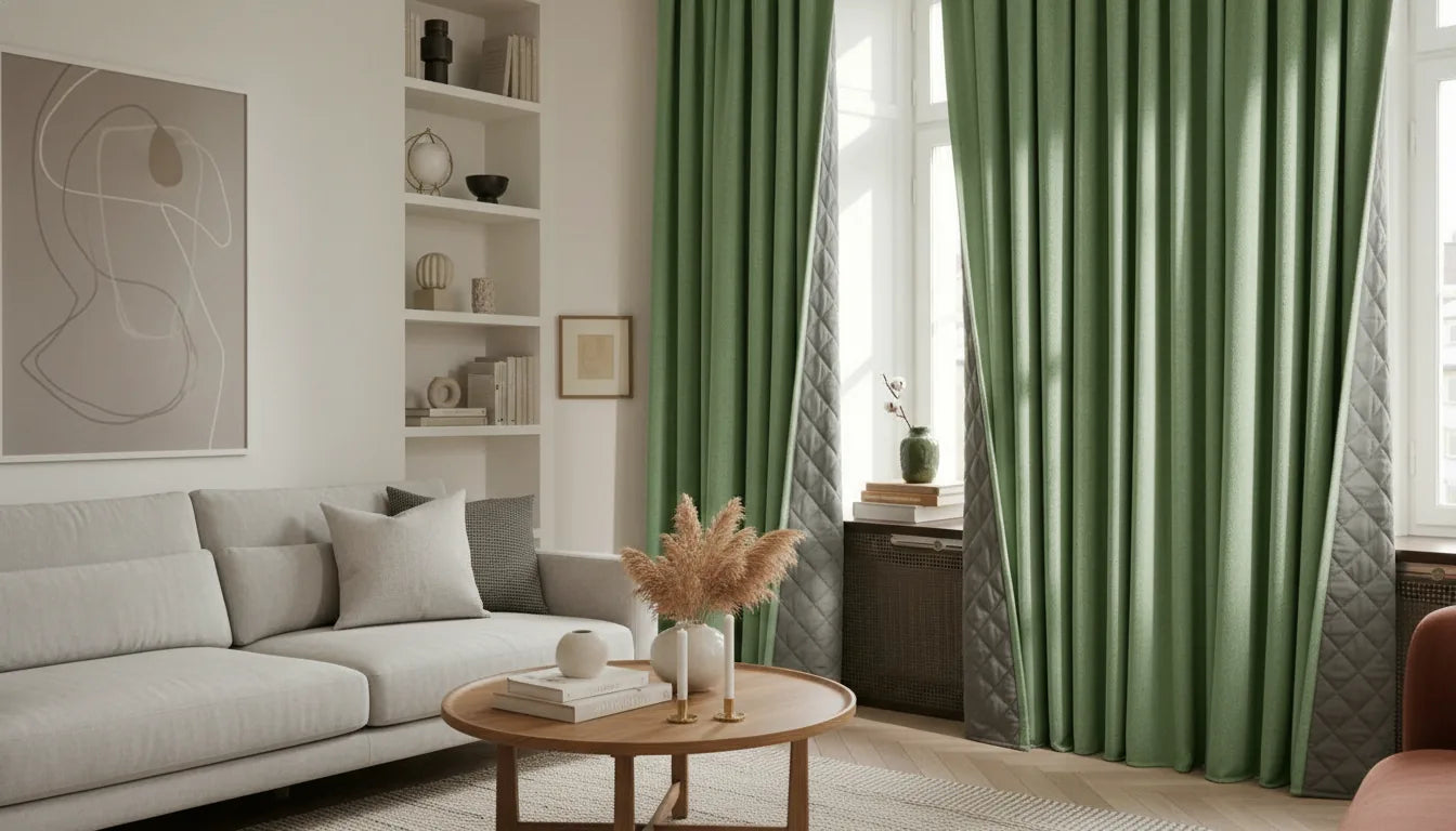 Salon design mettant en valeur des rideaux sur mesure vert profond