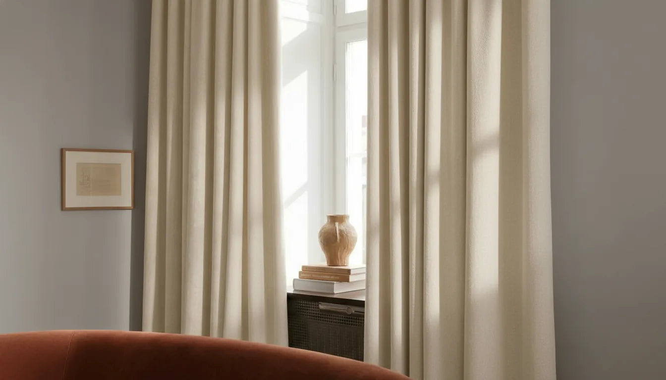 Rideau crème sur mesure devant un mur gris dans un salon