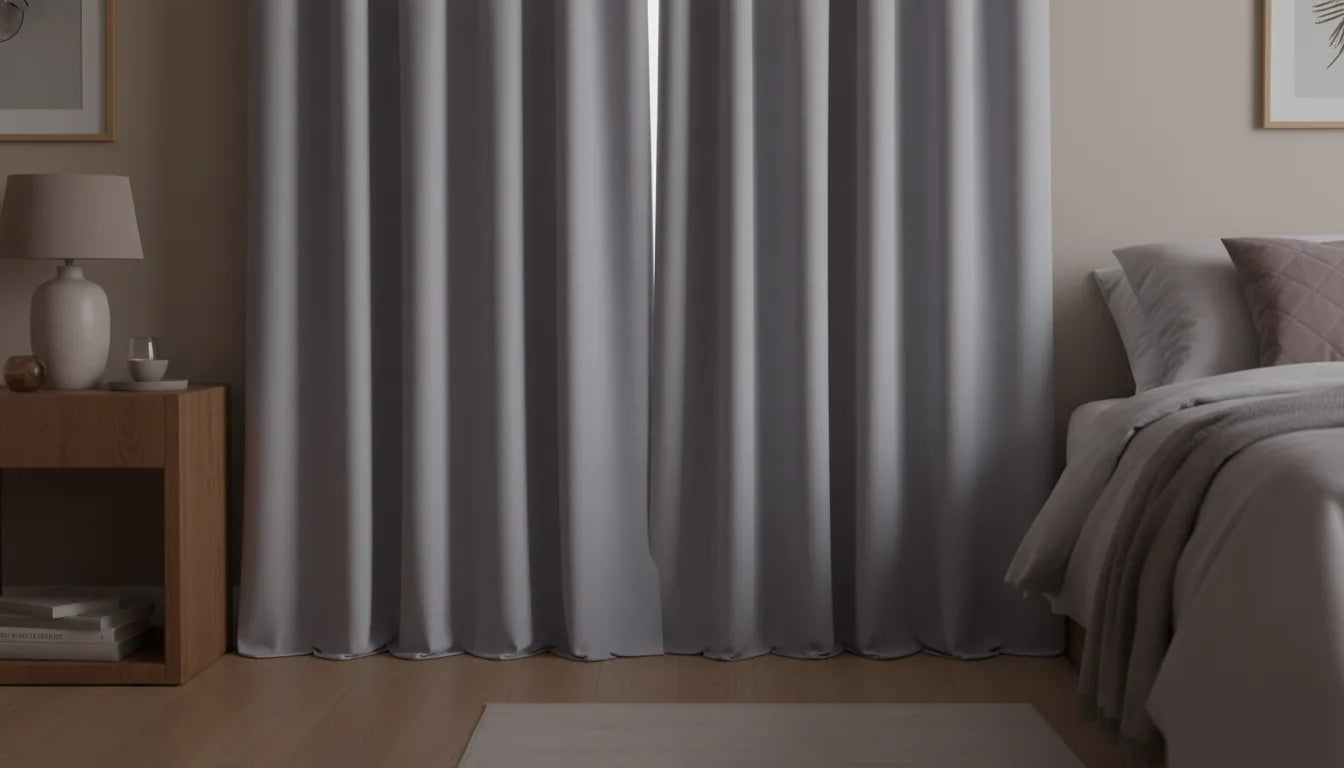 Rideau gris dense tiré dans une chambre sereine aux tons doux, lumière tamisée