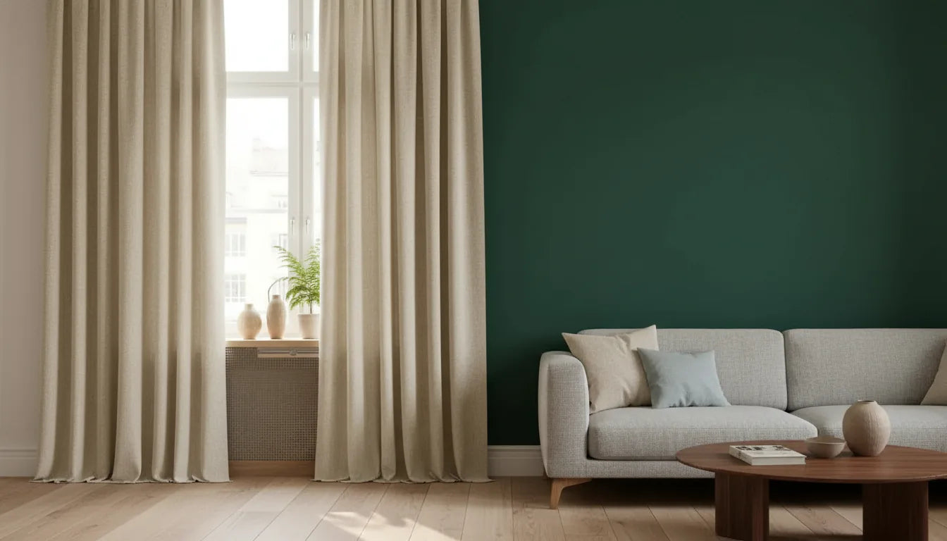 Rideau crème sur mesure devant un mur vert émeraude dans un salon élégant