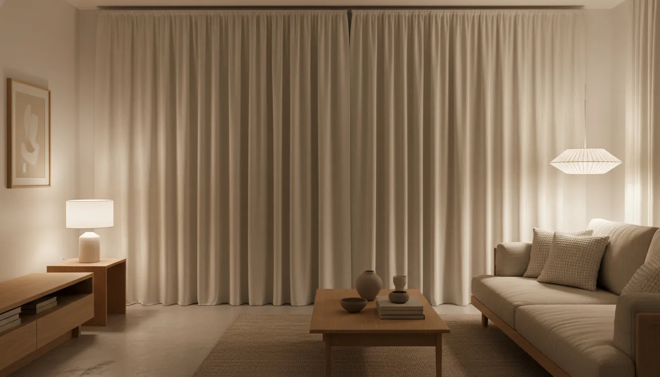 Fenêtre habillée de rideaux crème sur mesure dans un salon chaleureux