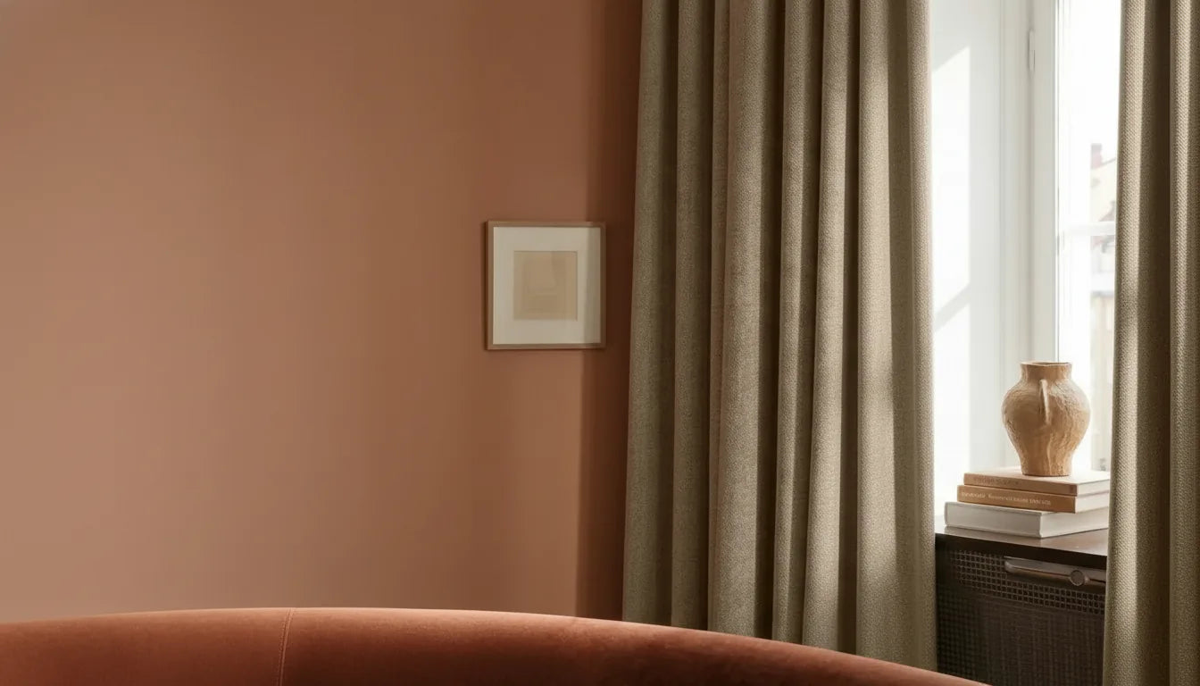 Rideau crème sur mesure devant un mur terracotta dans un salon
