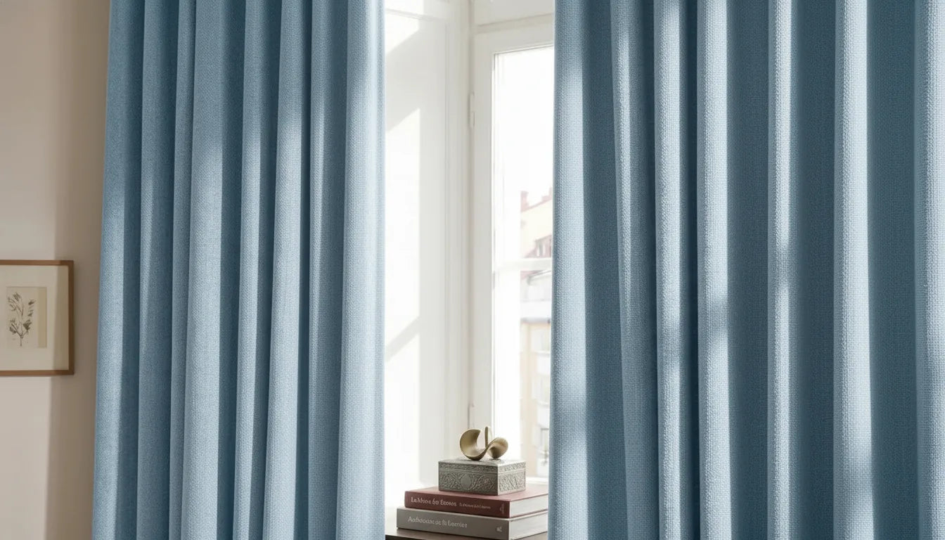 Rideau bleu-gris dense aux plis profonds près d'une fenêtre dans un bureau à domicile, lumière naturelle