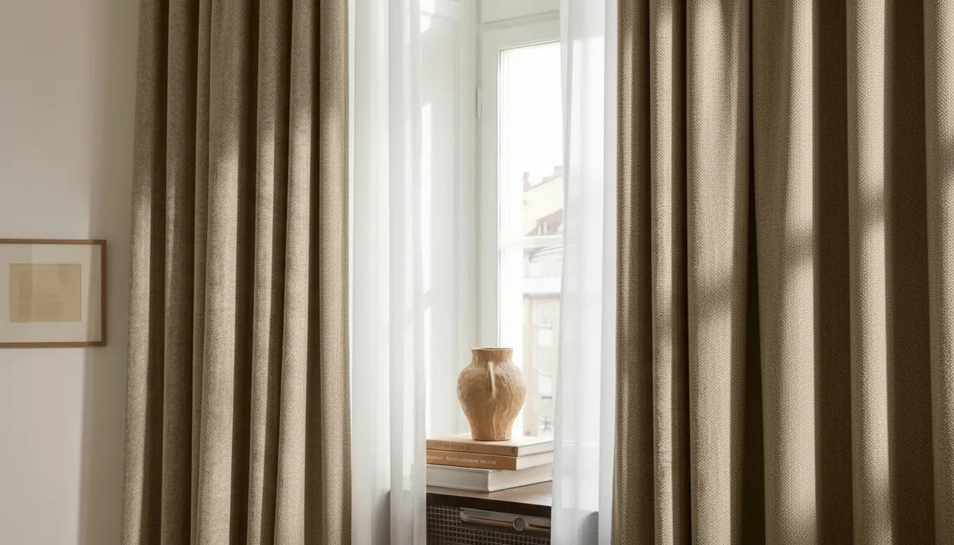 Voilage derrière et rideau crème devant sur une tringle double à une fenêtre