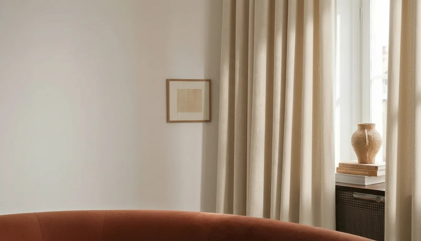 Rideau crème propre suspendu à une fenêtre dans un salon lumineux