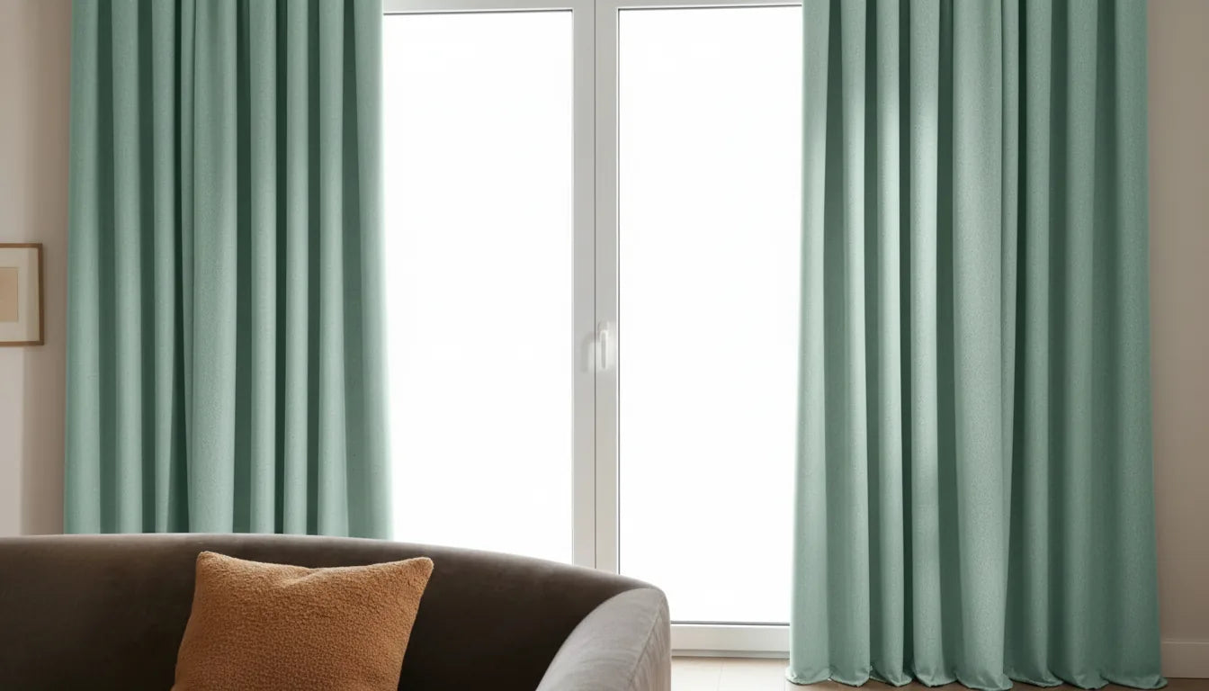 Rideaux vert menthe denses encadrant une grande baie vitrée coulissante dans un salon lumineux
