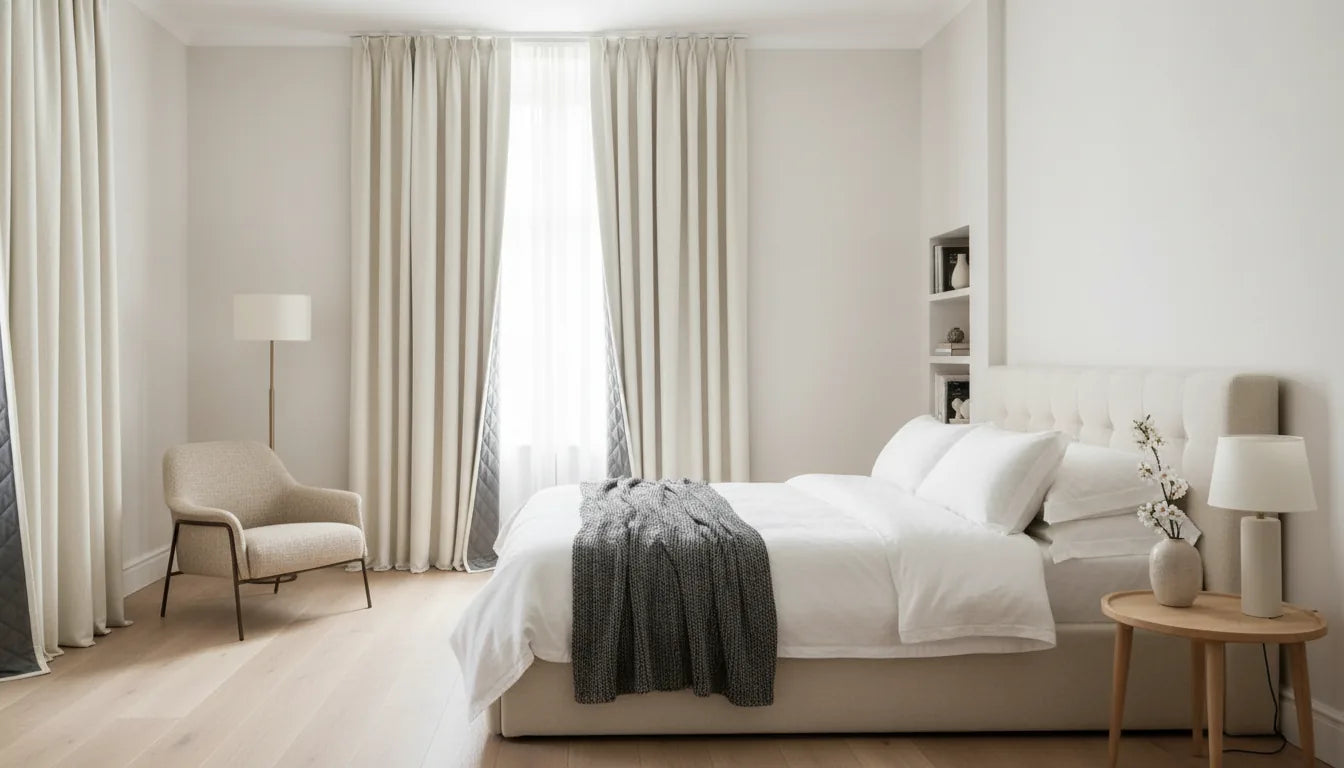 Chambre lumineuse avec rideaux occultants blanc cassé tirés devant la fenêtre