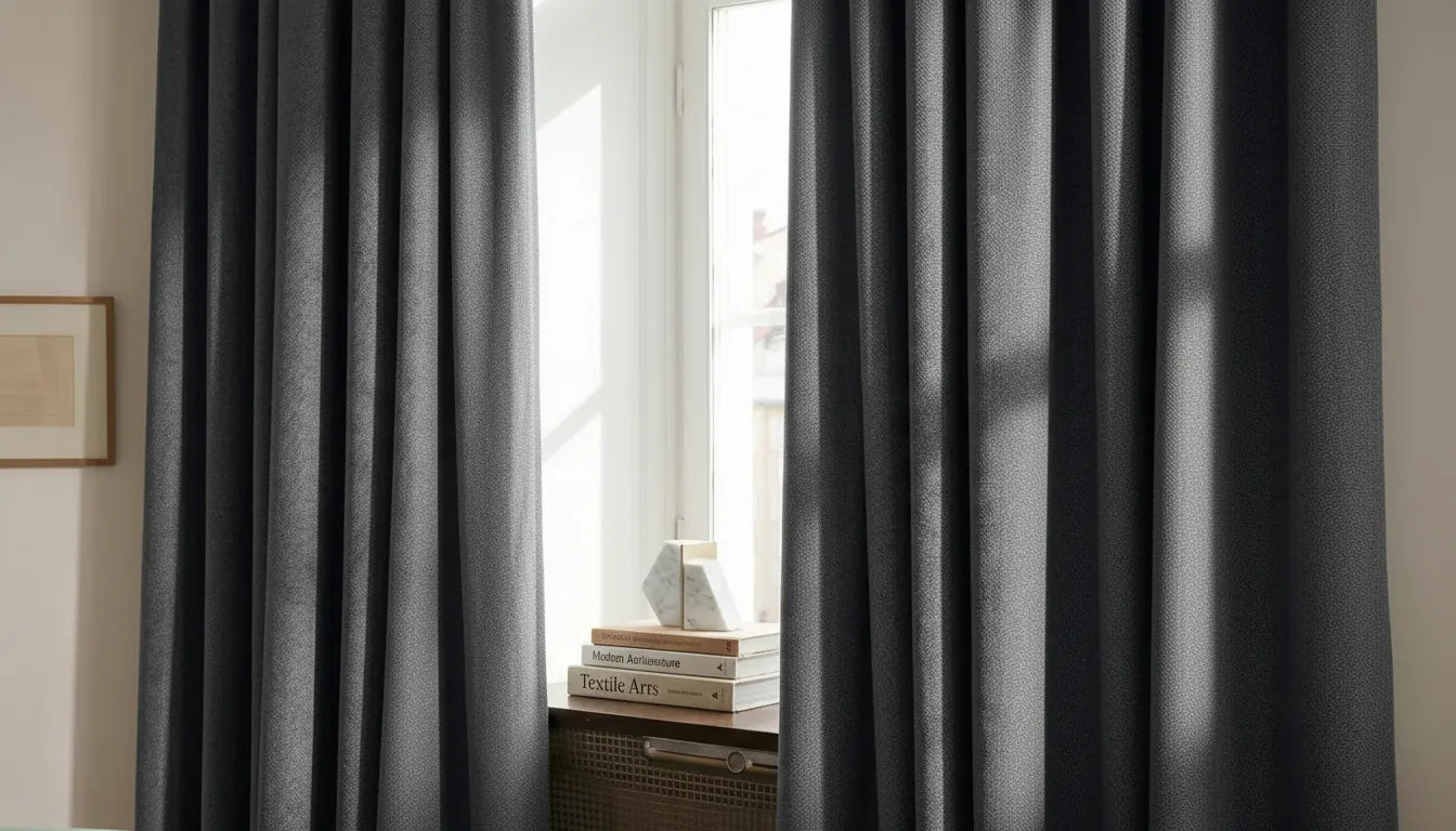 Rideau gris sur mesure devant un mur blanc dans un salon