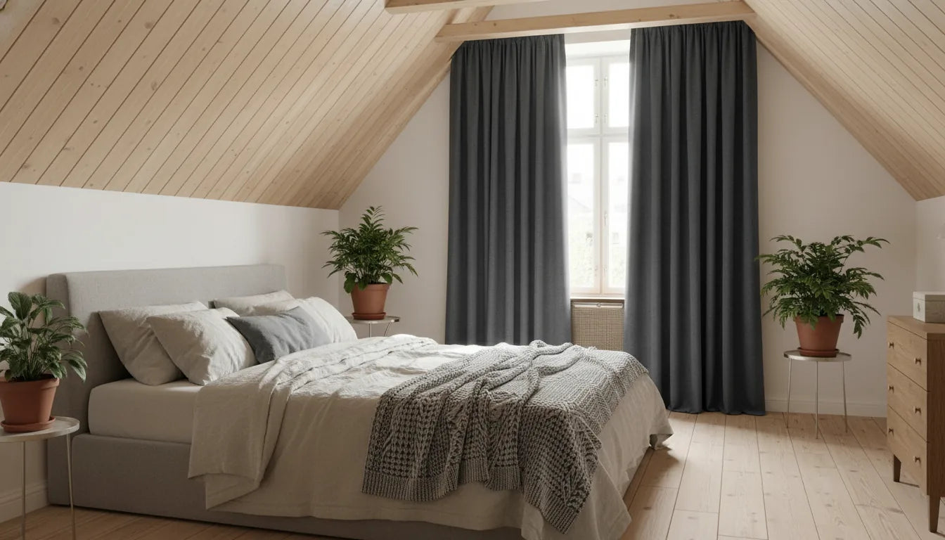 Chambre mansardée sous les toits avec rideaux thermiques gris tirés pour bloquer la chaleur du toit et des fenêtres