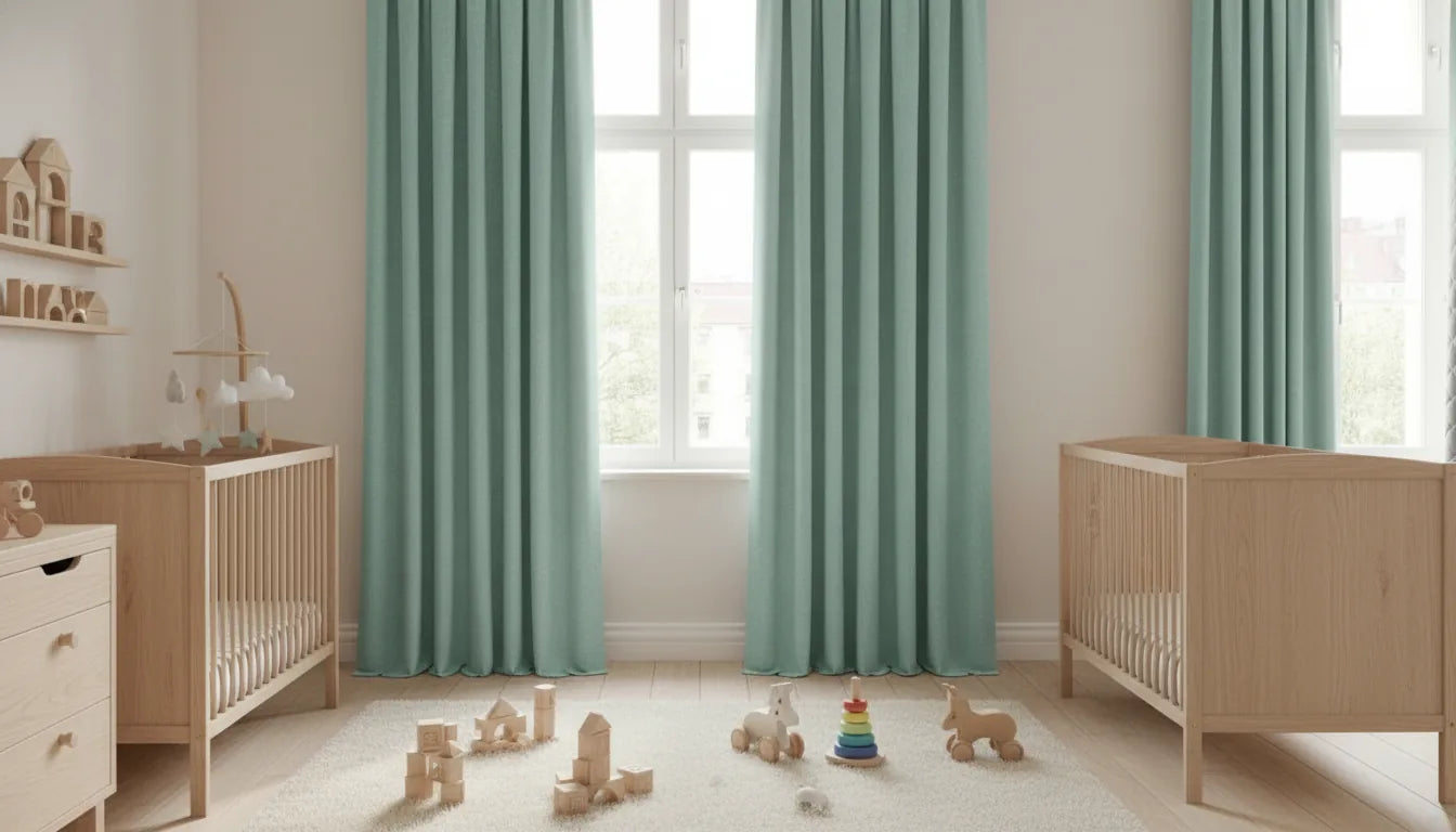 Salle de crèche lumineuse avec rideaux vert menthe et mobilier pour enfants