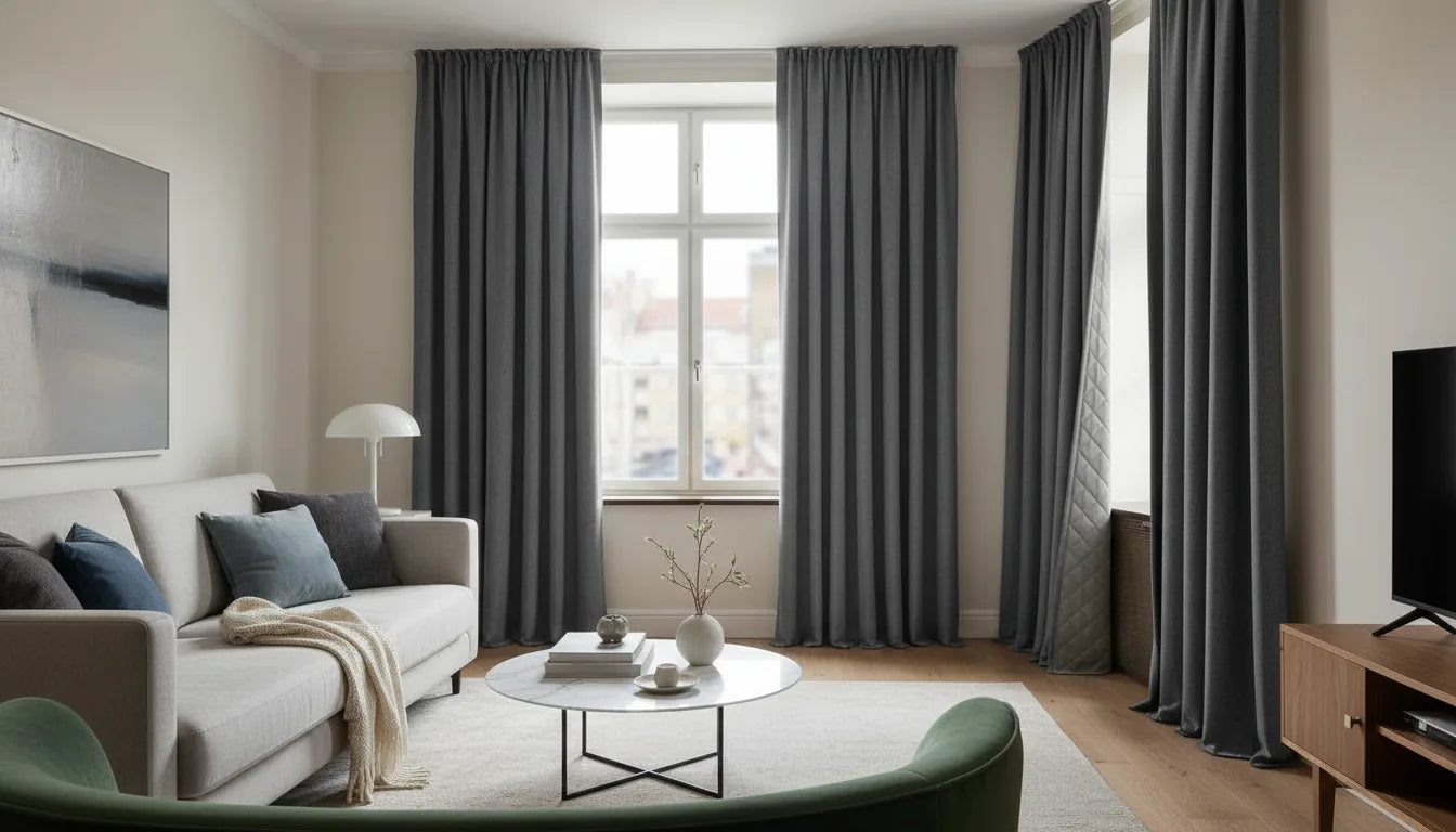 Salon d'appartement avec rideaux épais gris pour amortir le bruit