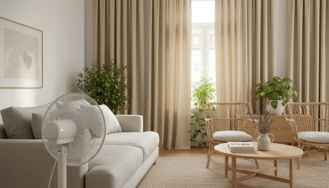 Salon d'été rafraîchi par un ventilateur sur pied et des rideaux thermiques crème tirés pour bloquer le soleil
