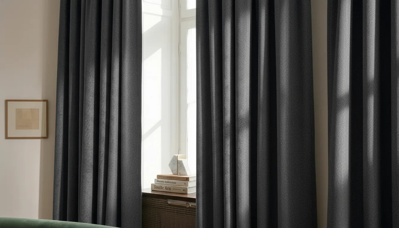 Rideau gris sur mesure devant un mur beige taupe dans un salon