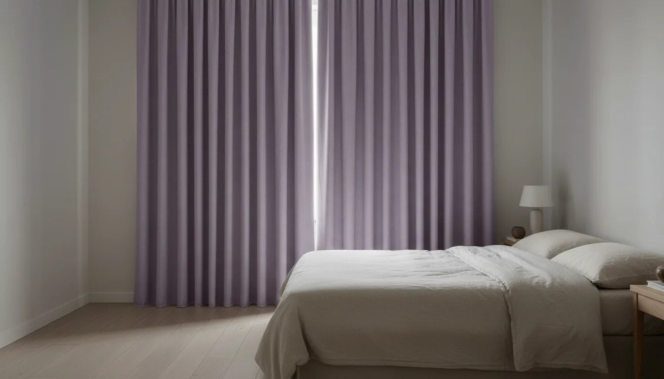 Chambre dans la pénombre avec rideaux occultants lilas épais tirés pour une obscurité quasi totale