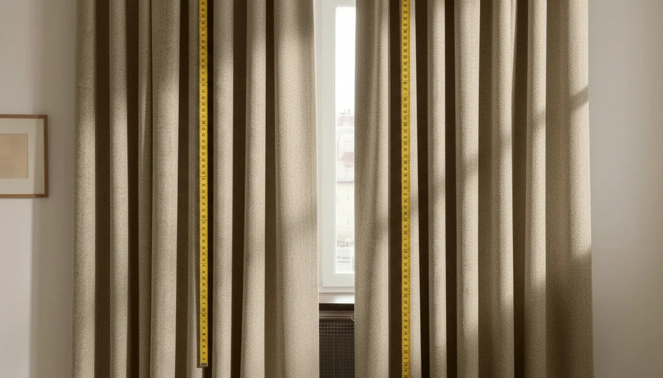 Mètre ruban sur un rideau crème pour calculer le métrage de tissu