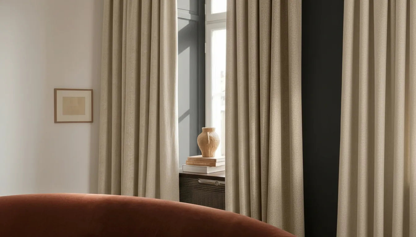 Rideau crème sur mesure devant un mur noir anthracite dans une chambre