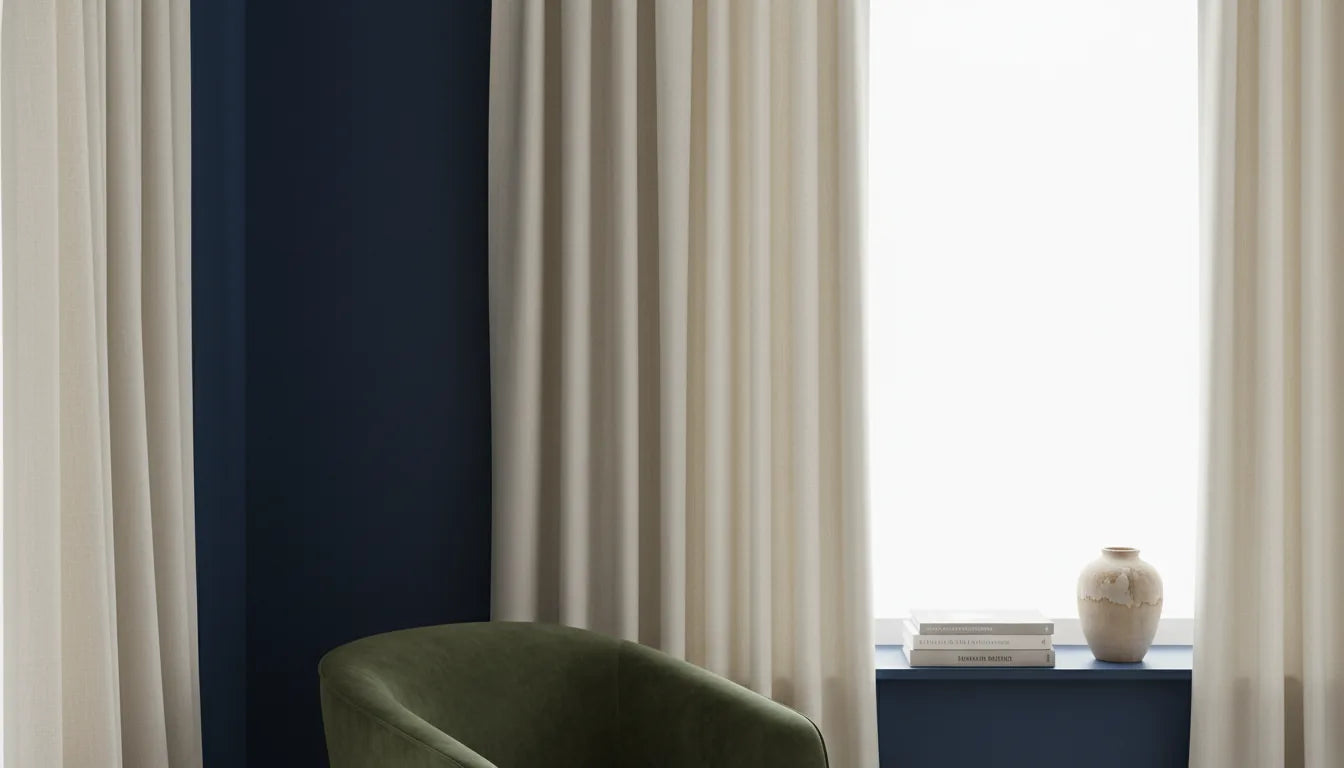 Rideau crème sur mesure devant un mur bleu marine dans un salon