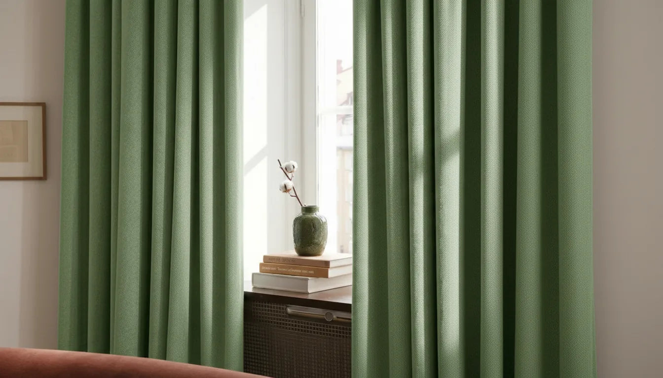 Rideaux vert sauge denses encadrant une grande fenêtre dans un salon élégant, lumière naturelle