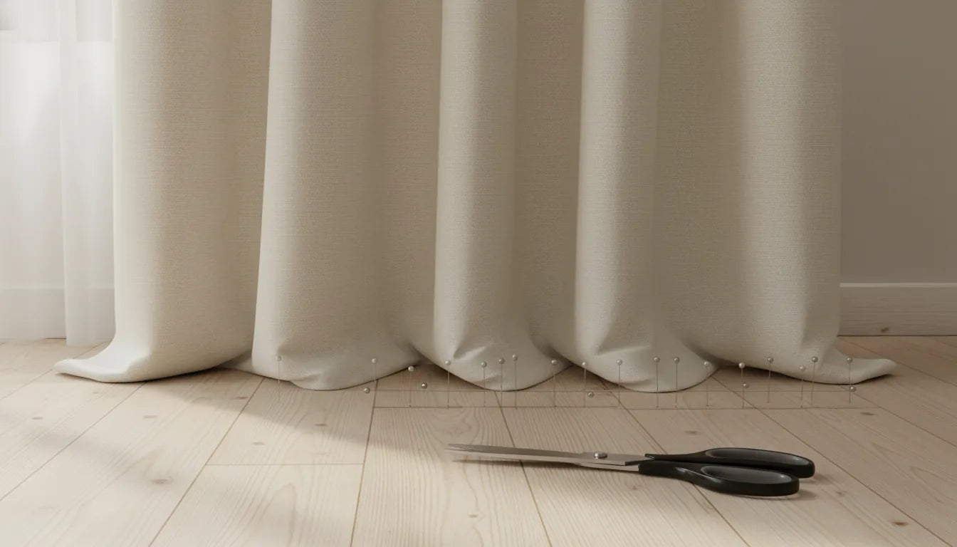 Bas d'un rideau crème trop long marqué d'épingles pour le raccourcir