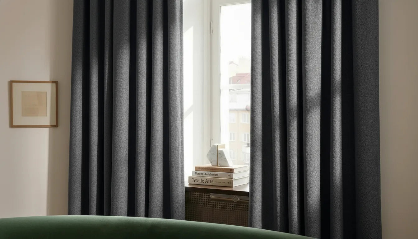 Fenêtre habillée d'un rideau gris sur mesure, solution la plus complète