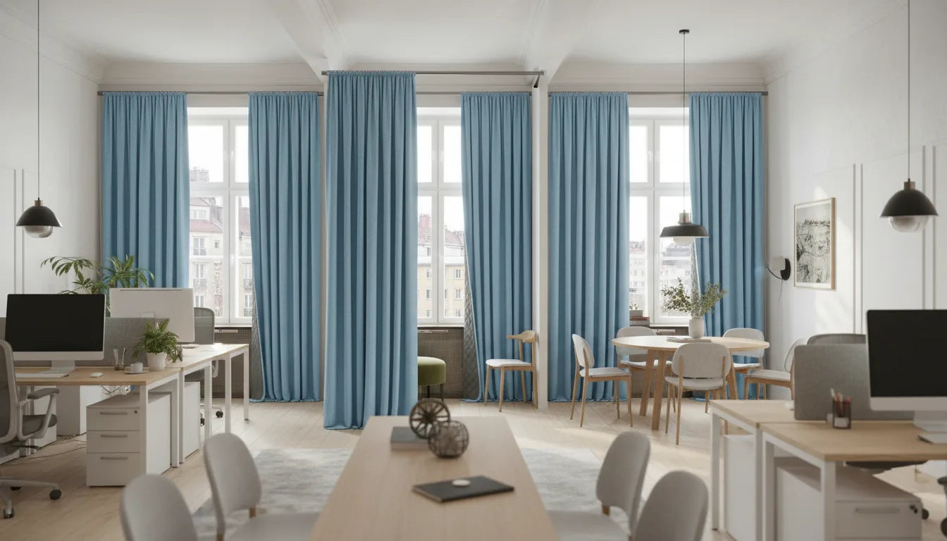 Bureau open space avec rideaux acoustiques bleus le long des fenêtres