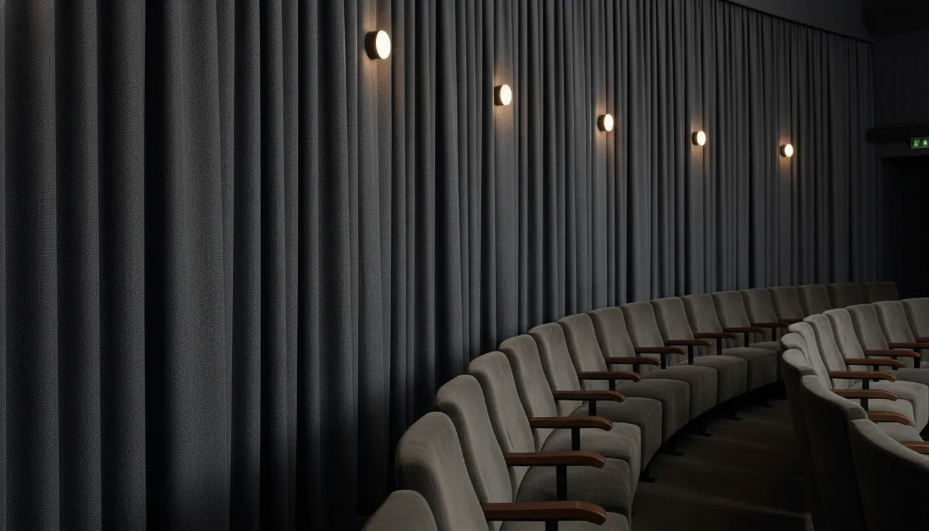 Salle de cinéma avec grands rideaux de scène gris anthracite occultants