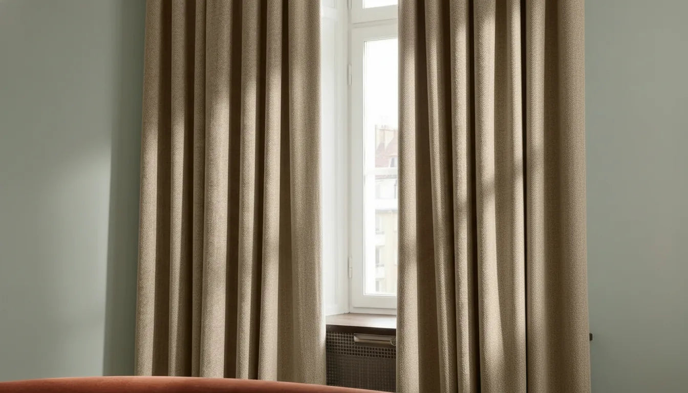 Rideau crème sur mesure devant un mur vert d'eau dans un salon élégant
