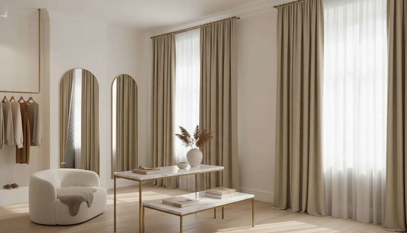 Boutique moderne avec rideaux crème en vitrine et cabines d'essayage