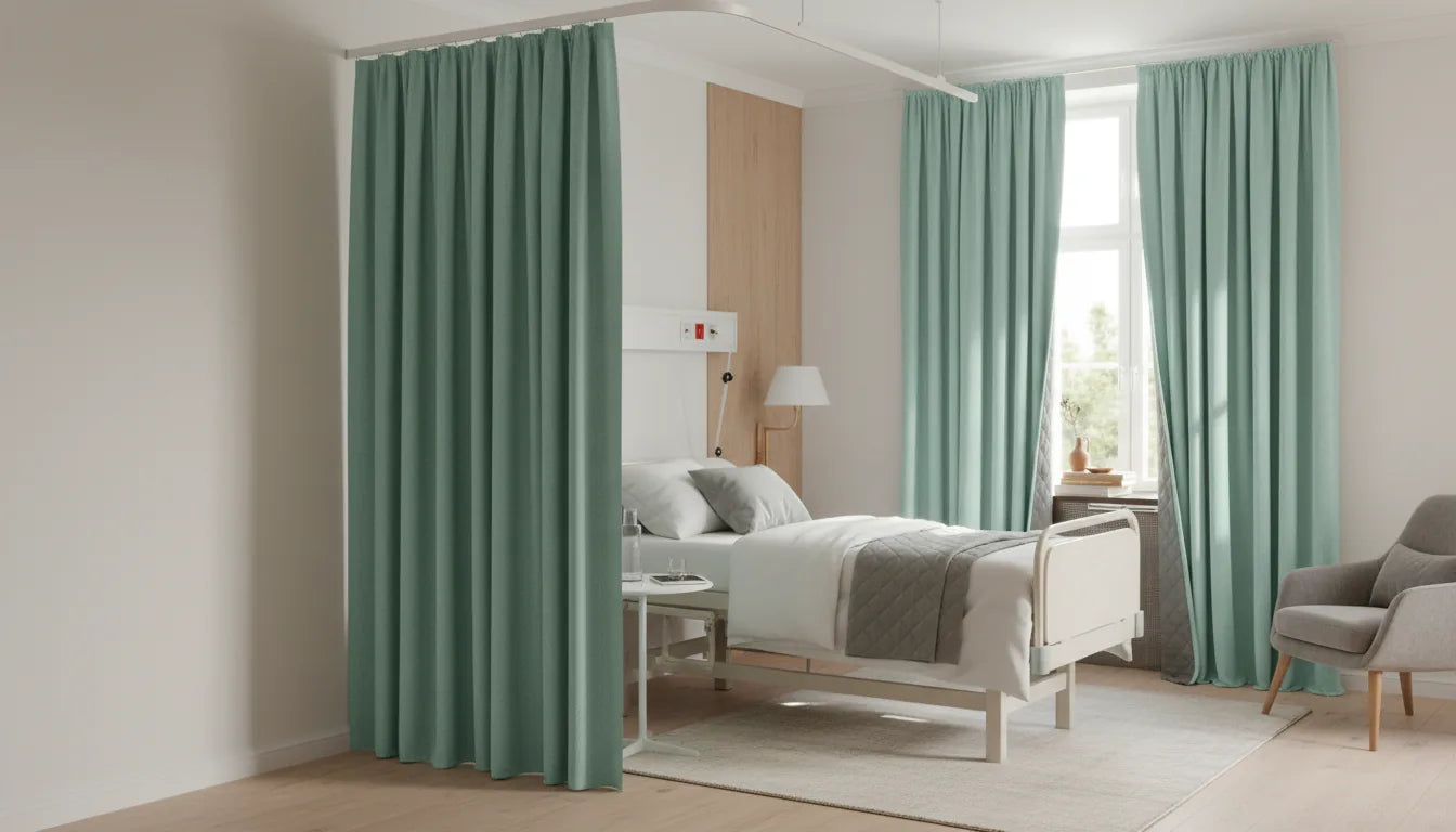 Chambre de clinique avec rideau de séparation vert menthe sur rail