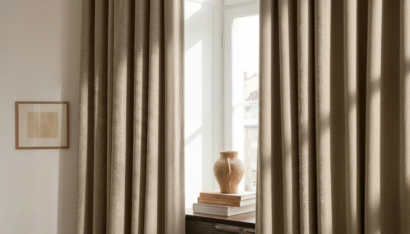 Rideau dense sur mesure en lin creme aux plis profonds dans un salon, lumiere naturelle