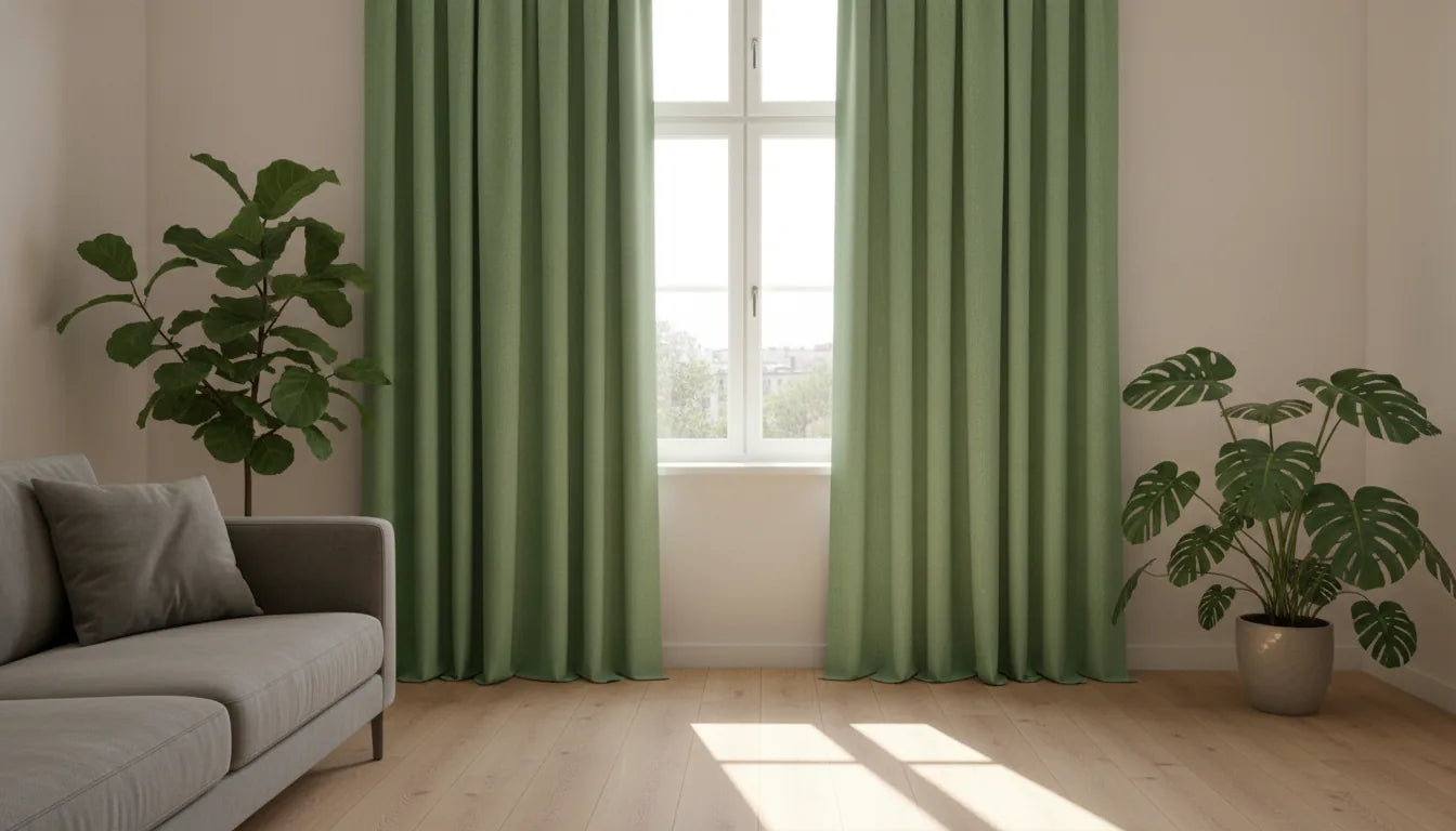 Salon ensoleillé avec rideaux verts épais tirés devant la fenêtre pour bloquer la chaleur du soleil