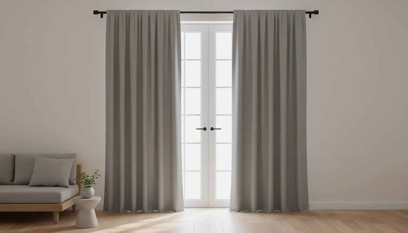 Rideau gris sur mesure habillant une porte-fenêtre, tombé au sol