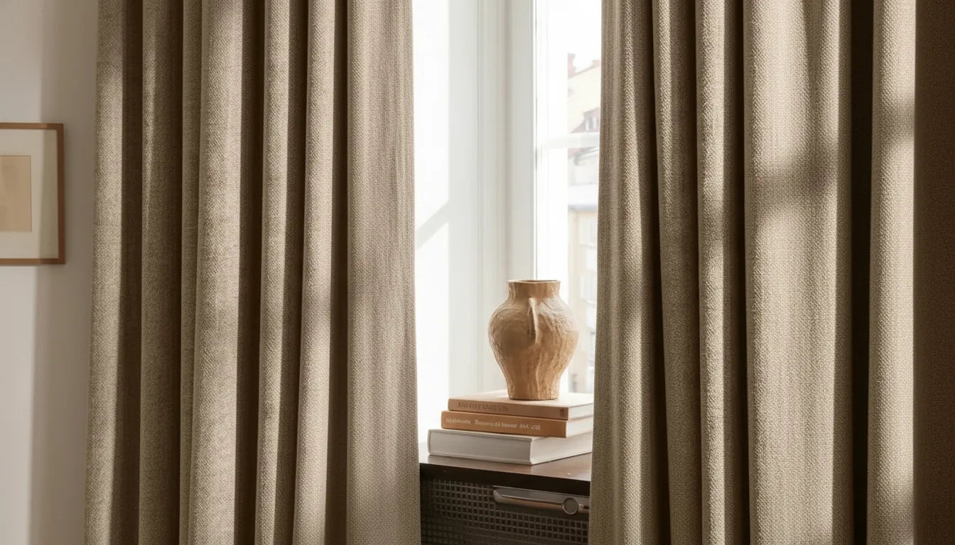 Rideau dense en tissu lin texturé aux plis profonds dans un intérieur calme, lumière naturelle