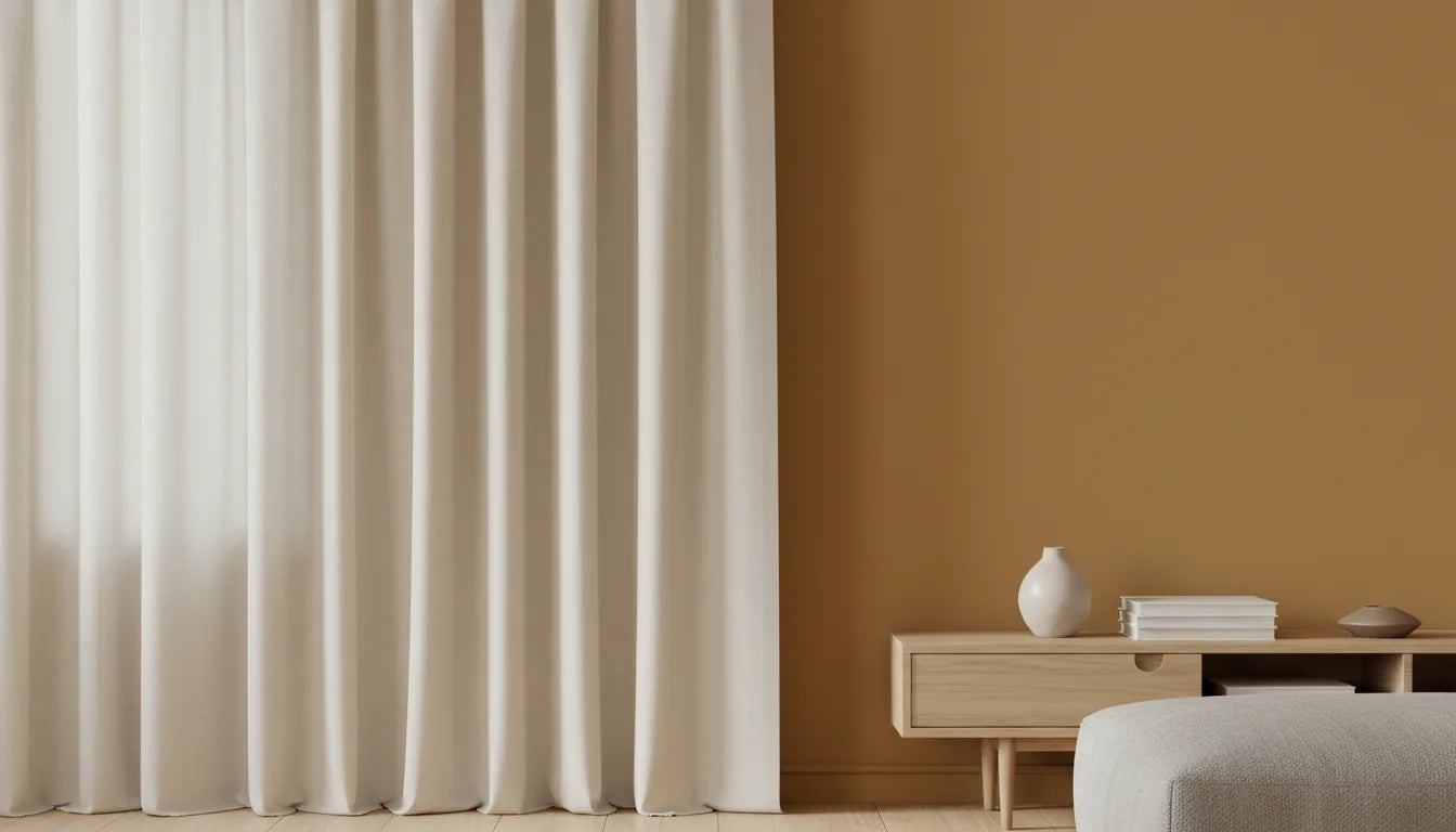 Rideau crème sur mesure devant un mur jaune moutarde dans un salon