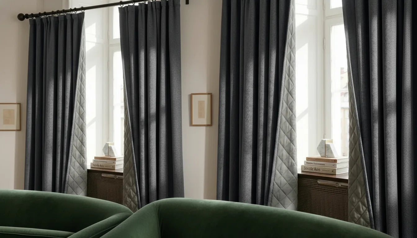 Tringle métallique robuste supportant un rideau lourd gris dans un salon