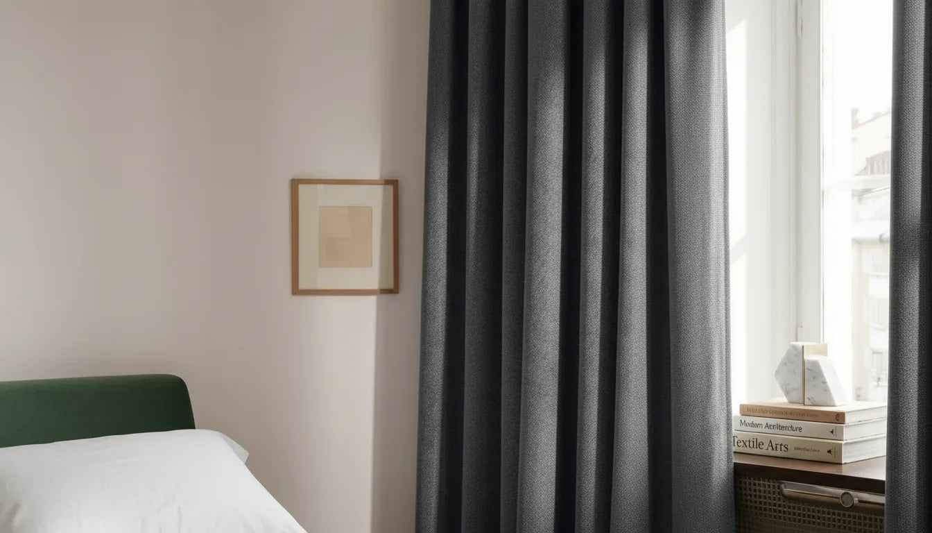 Rideau gris sur mesure devant un mur rose poudré dans une chambre