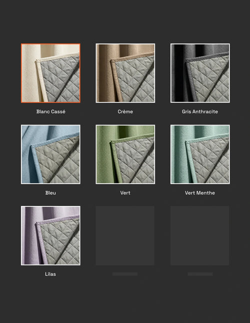 Sélection de coloris du rideau sur mesure Kurtens avec teinte blanc cassé mise en avant parmi crème, gris anthracite, bleu, vert, vert menthe et lilas