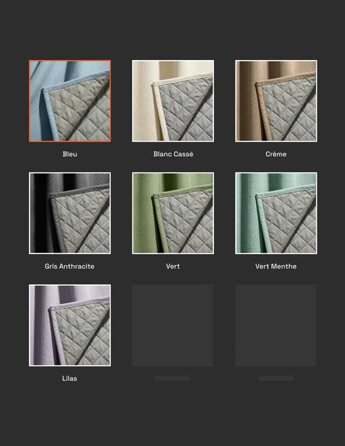 Nuancier Kurtens avec rideau bleu ciel mis en avant et gamme des coloris blanc cassé, crème, gris anthracite, vert, vert menthe et lilas