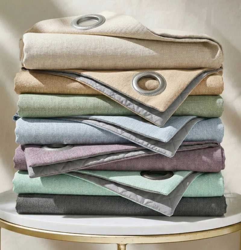 Pile de rideaux sur mesure Kurtens occultants thermiques et phoniques pliés avec œillets métalliques, gamme de couleurs : beige, crème, vert sauge, bleu, lilas, vert menthe, gris anthracite