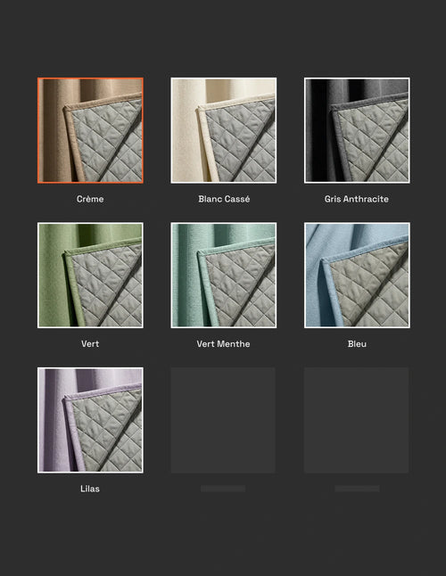 Nuancier des coloris de rideaux sur mesure Kurtens avec sélection crème, blanc cassé, gris anthracite, vert, vert menthe, bleu et lilas