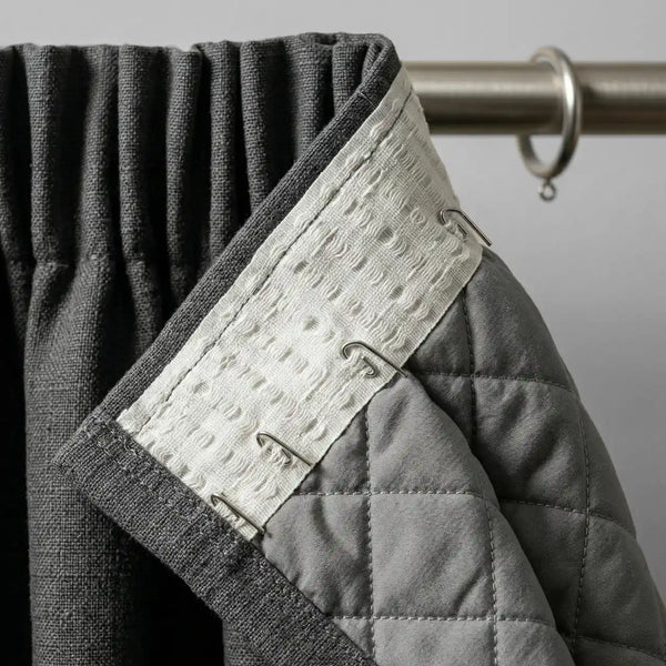 Système de fixation à crochets ruflette du rideau sur mesure gris Kurtens sur tringle à anneaux métalliques