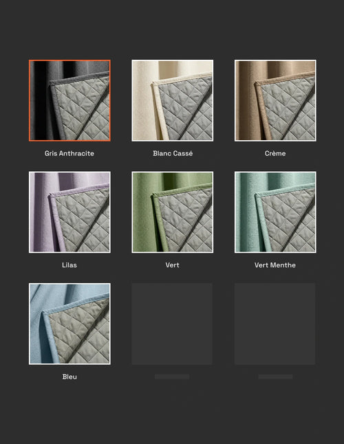 Nuancier Kurtens avec coloris gris anthracite sélectionné parmi les teintes de rideaux sur mesure blanc cassé, crème, lilas, vert, vert menthe et bleu