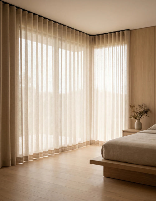 Gros plan sur le tissu tamisant beige à l'aspect lin