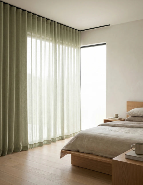Rideau tamisant vert effet lin diffusant la lumière du jour dans une chambre lumineuse